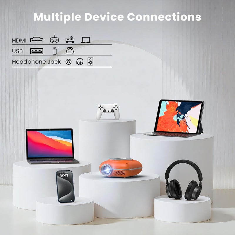 HOMPOW Mini Projector with Two -Way Bluetooth, Portable Projector for Home Theater Use, Support 1080P for Outdoor Projector/Movie Projector Compatible with HDMI, USB, Laptop, TV Stick (Orange) - Image 5